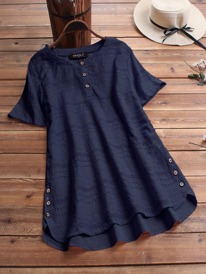 Comfysol Bohemian Embroideried Short Sleeve Button Casual Blouse