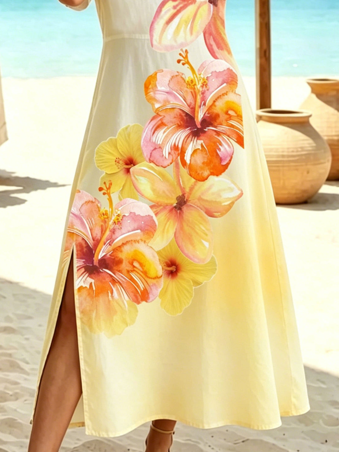 Women Bright Floral Split Hem Round Neck Summer Dress