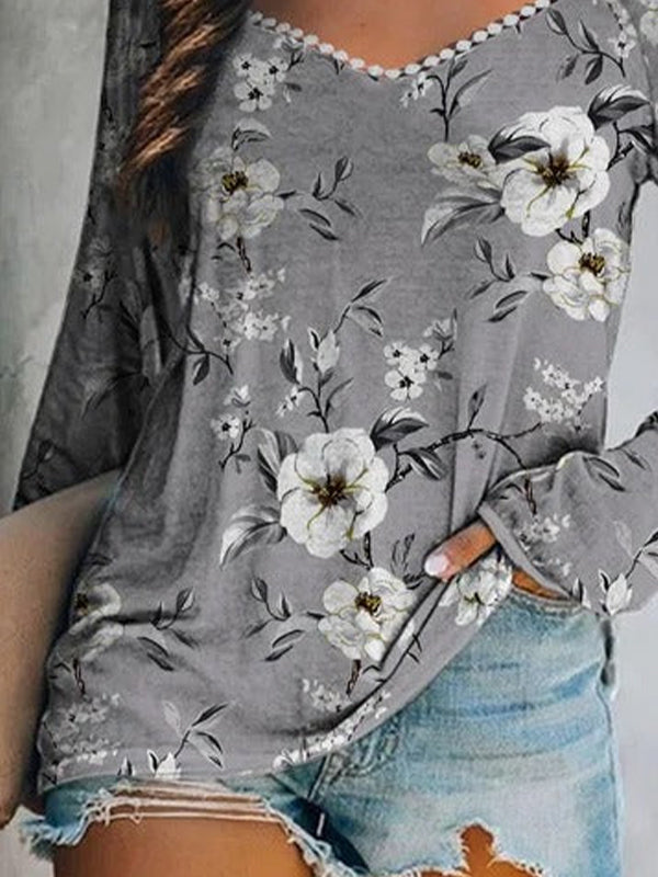 Comfysol Gray Casual Tops V-neck Long Sleeve Floral Printed Sweatshirts