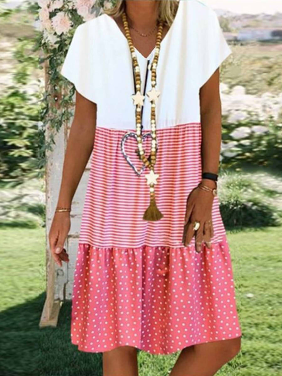 Comfysol V-neck Stripe Polka Dot Print Casual Short Sleeve Short Knee Length Dress