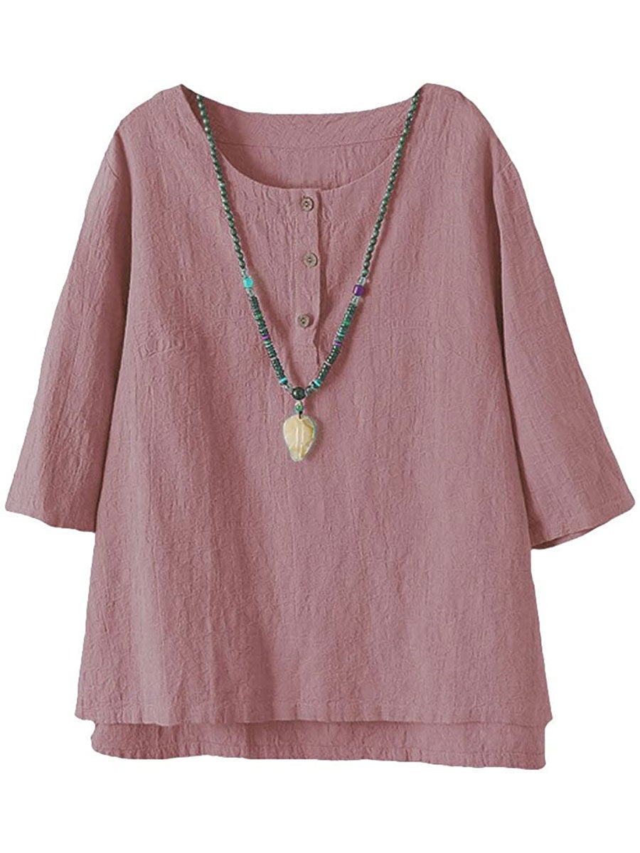 Comfysol Solid Buttons Casual Round Neck 3/4 Sleeve Blouse