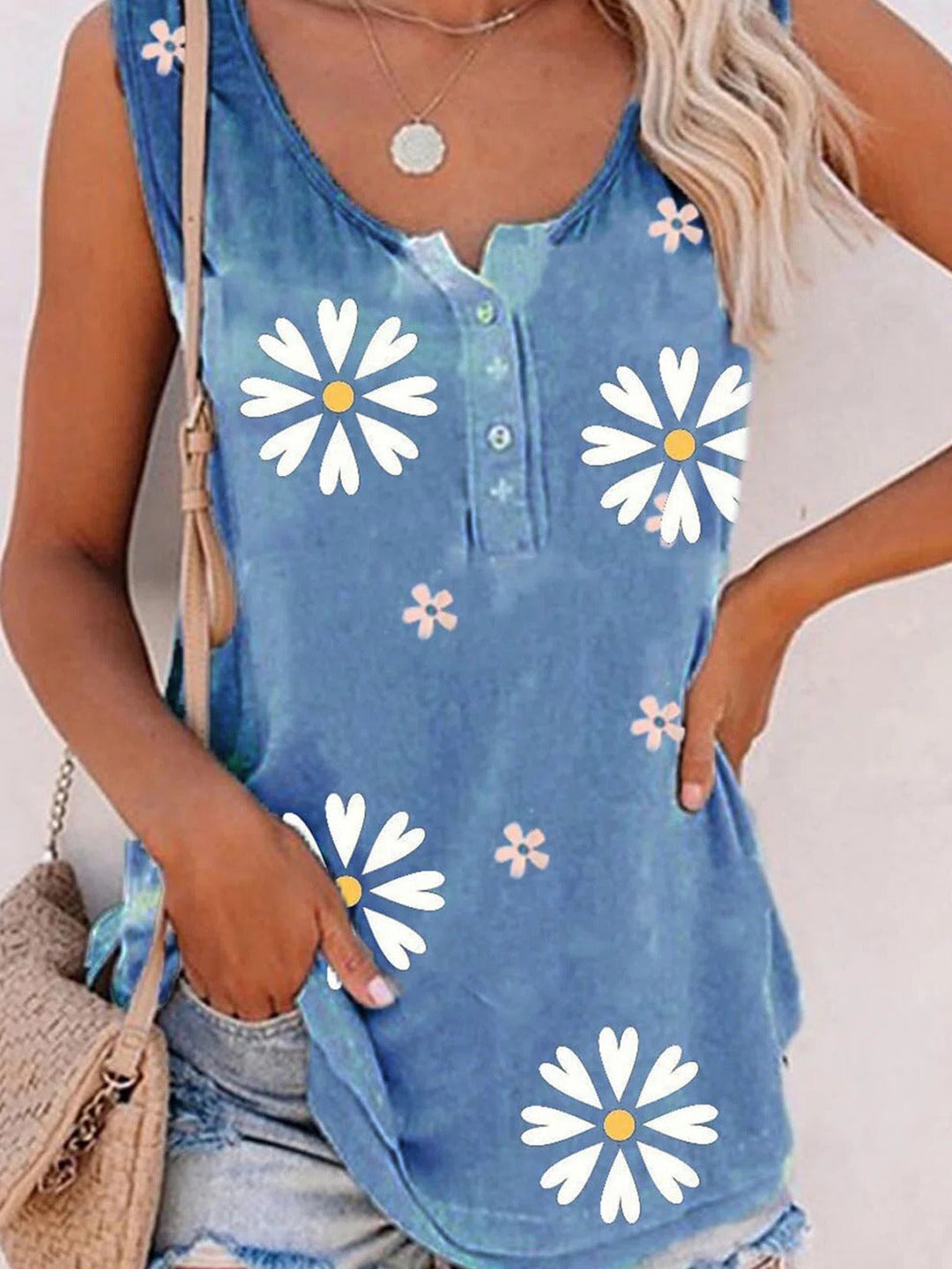Comfysol Blue Casual Graphic Tops Round Neck Floral Printed Sleeveless Tank