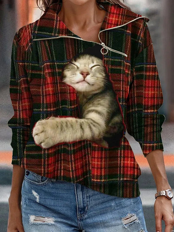 Comfysol Red Casual Graphic Tops Lapel Long Sleeve Cat Printed with Zipper Plaid Sweatshirts