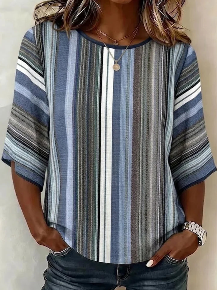 Women's Summer Loose Fit Round Neck Blue Striped T-shirt