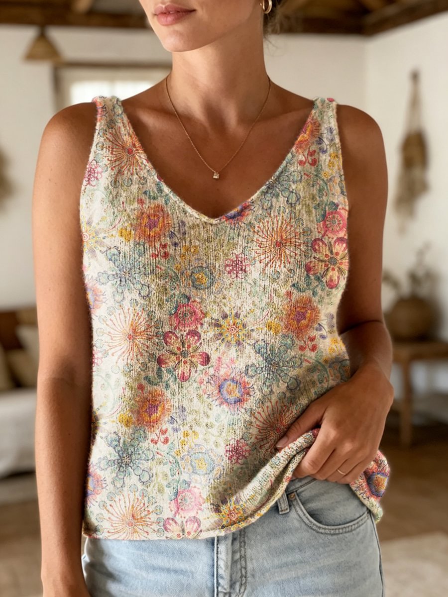 Women's Retro Ethnic Floral Art Print Casual Sleeveless V-neck Wool Blend Knit Top