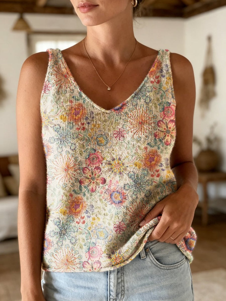 Women's Retro Ethnic Floral Art Print Casual Sleeveless V-neck Wool Blend Knit Top