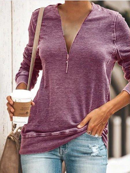 Comfysol Casual Long Sleeve V-neck Solid Zipper T-shirt