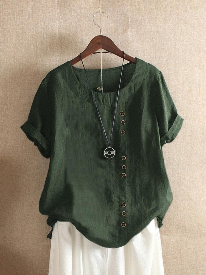 Comfysol Women's Vintage Loose Round Neck Button Short Sleeve Casual Cotton Blouse