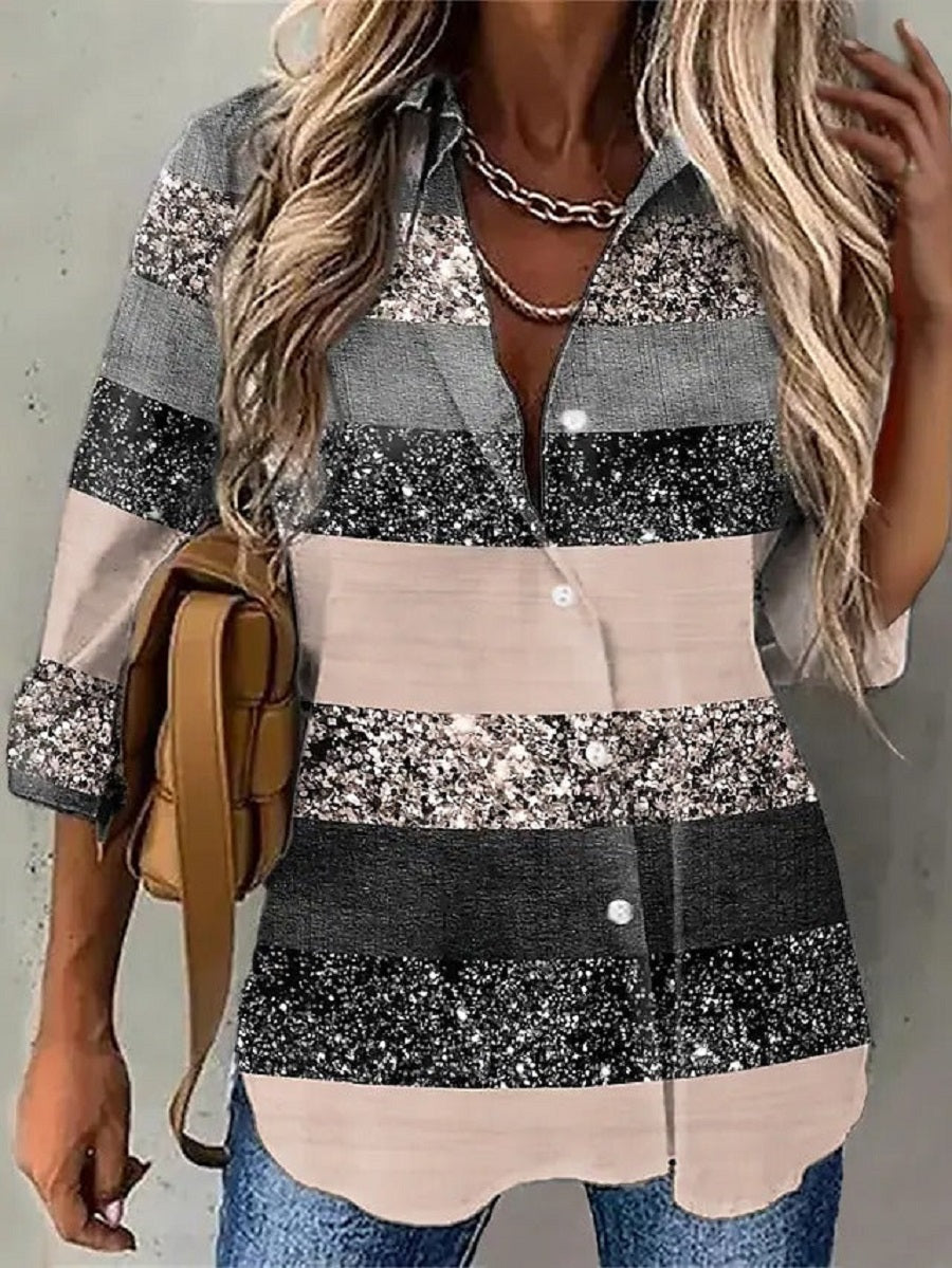 Comfysol Casual Stand Collar Stripe Long Sleeve Blouse