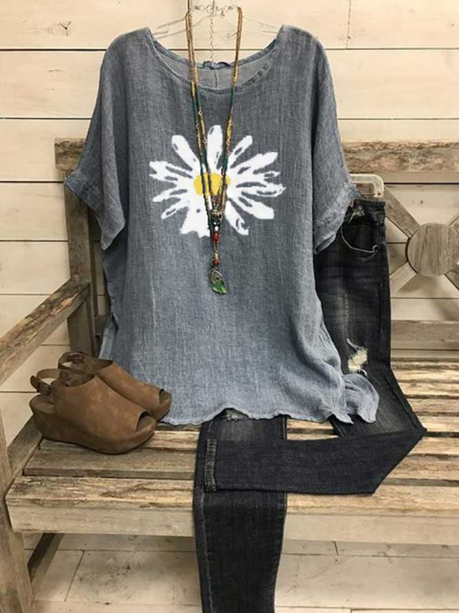 Comfysol Short Sleeve Crew Neck Shift Sunflower Print Casual Blouse