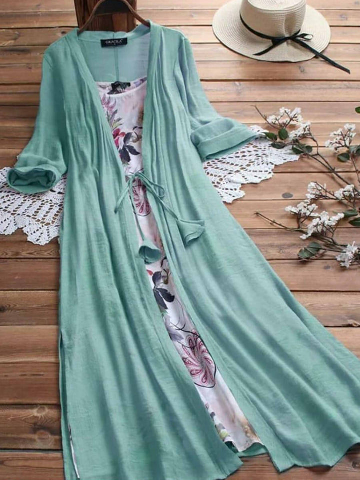 Comfysol Vintage Boho Print Two-piece 3/4 Sleeve Maxi Dress