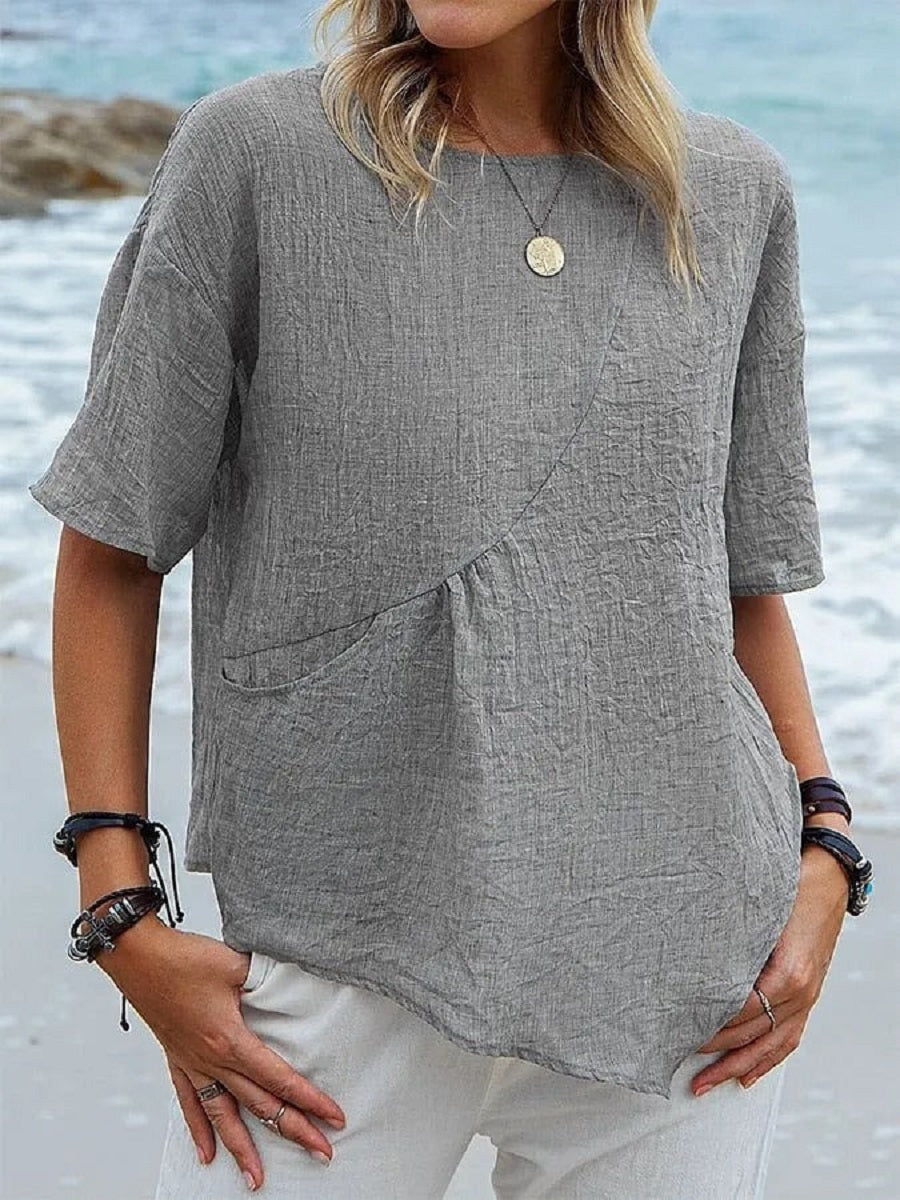 Comfysol Grey Casual Round Neck Solid Short Sleeve Blouse