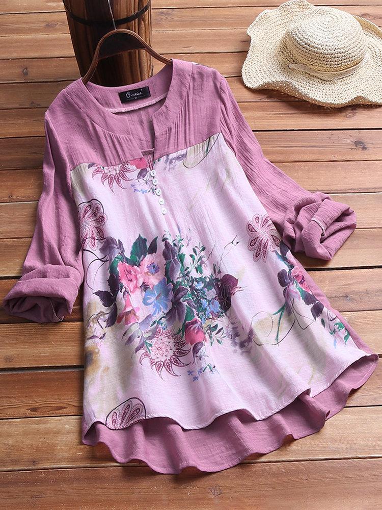 Comfysol Casual V-neck Floral Print Long Sleeve Blouse