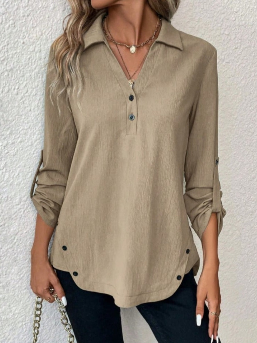 Comfysol Notched Long Sleeve Plain Loose Blouse with Micro-Elasticity