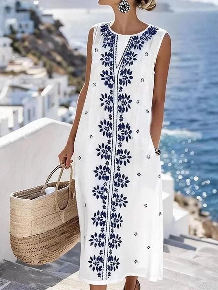 Women's Summer Crew Neck Floral Embroidered Sleeveless Vacation Dress