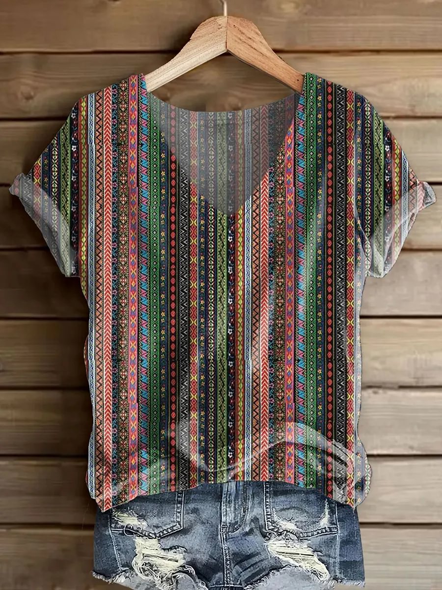 Women's Ethnic Vertical Stripe Artistic Print V-neck Short-sleeve Top