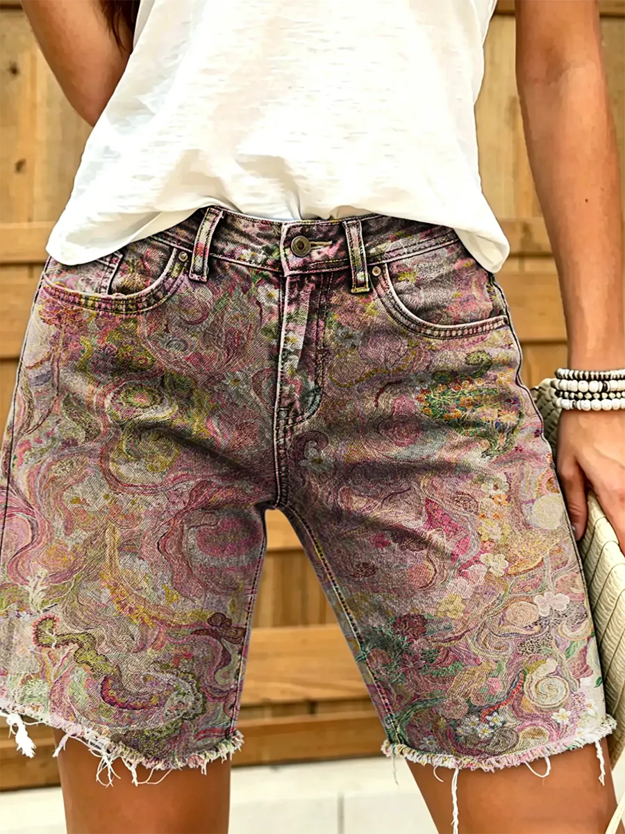 Women's Retro Print Denim Shorts