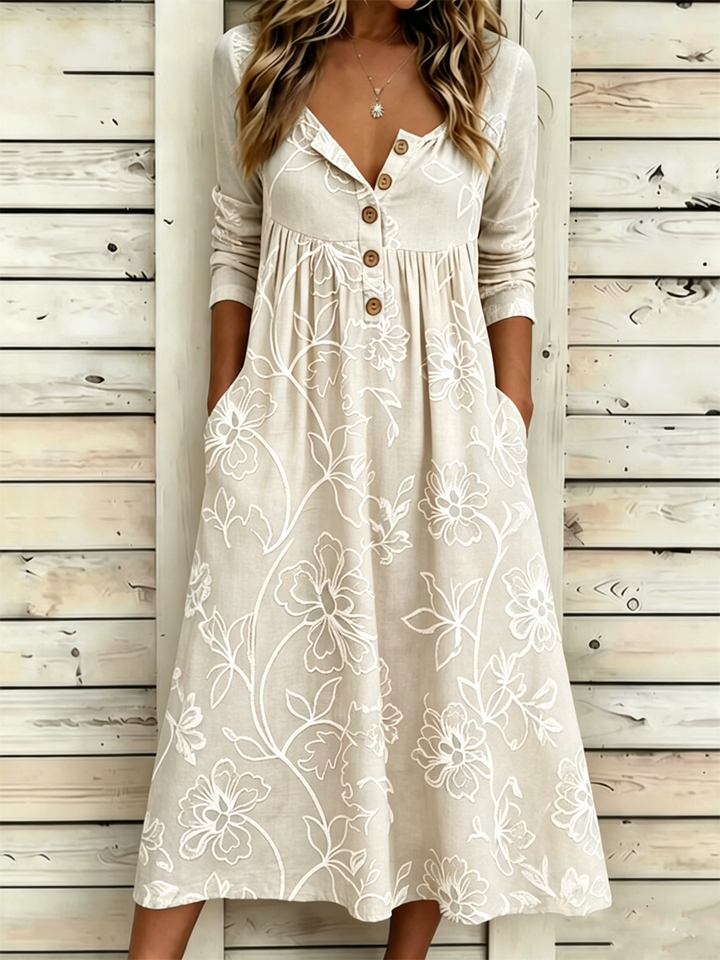 Vintage Floral Half-Open Collar Maxi Dress – Casual Boho A-Line Dress