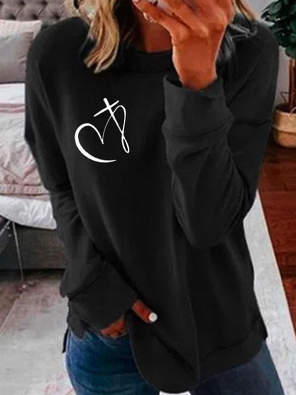 Comfysol Black Casual Graphic Tops Round Neck Long Sleeve Heart Printed Sweatshirts
