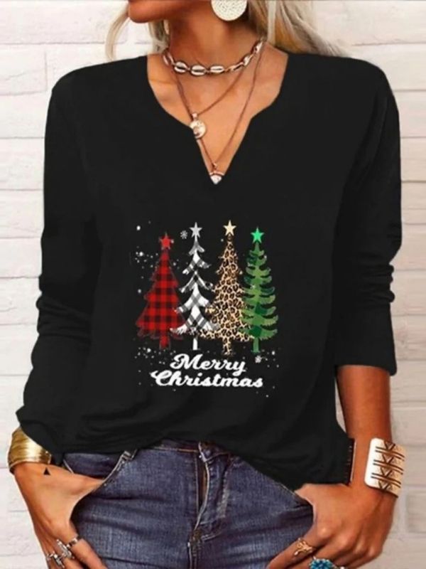 Comfysol Black Casual Graphic Tops V-neck Long Sleeve Christmas Tree Printed Xmas Sweatshirts