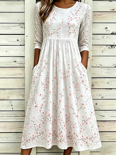 Floral Print Crew Neck A-Line Midi Dress with Pockets
