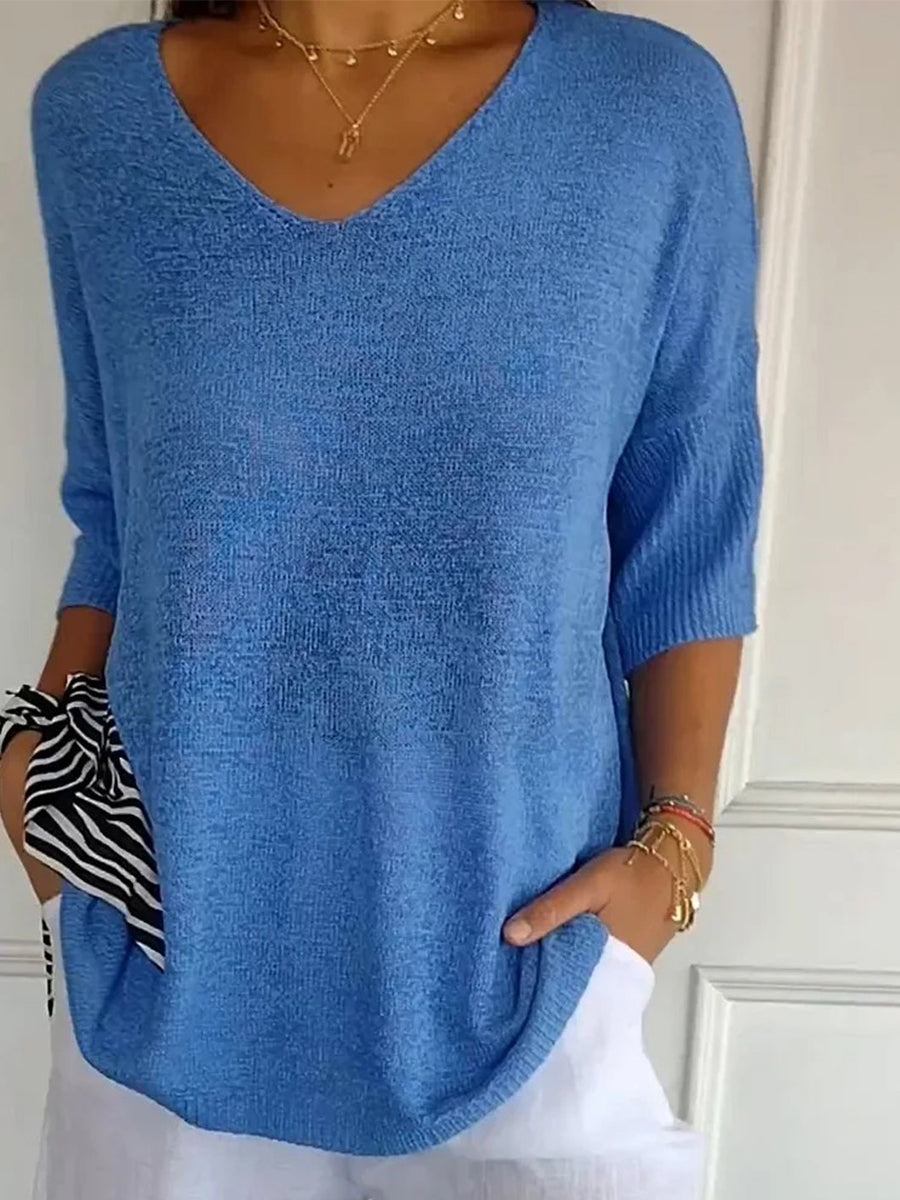 Comfysol Solid Color Knitted V-Neck Top