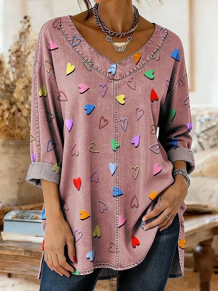 Women's Valentine's Day Heart Shape Art Print Casual Washed Denim Cotton Top