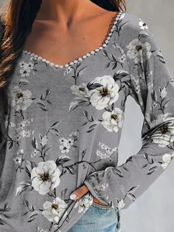 Comfysol Gray Casual Tops V-neck Long Sleeve Floral Printed Sweatshirts