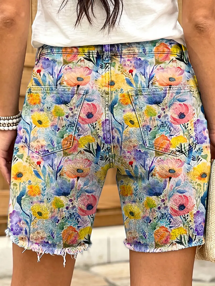Ethnic Watercolor Floral Art Print Casual Denim Shorts