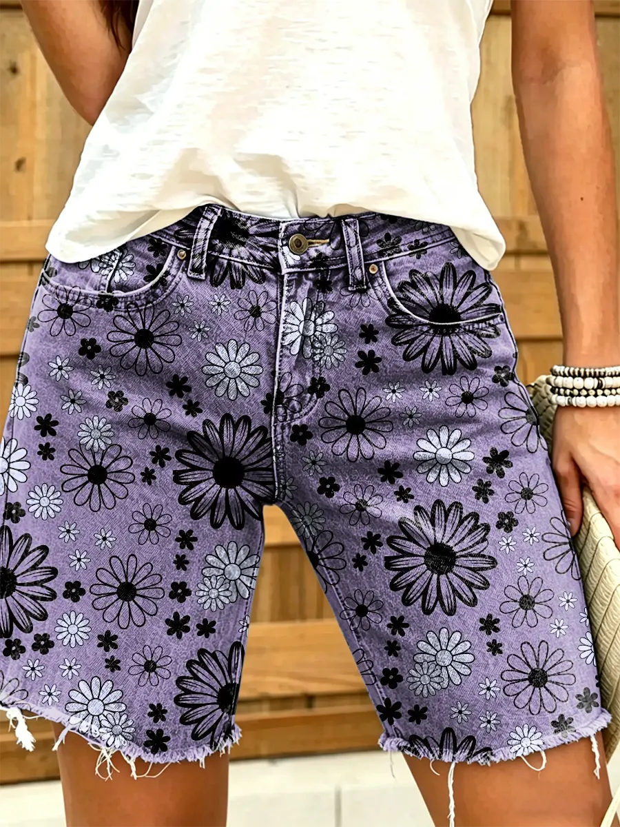 Ethnicity Flowers Geometry Women's Art Print Casual Denim Shorts
