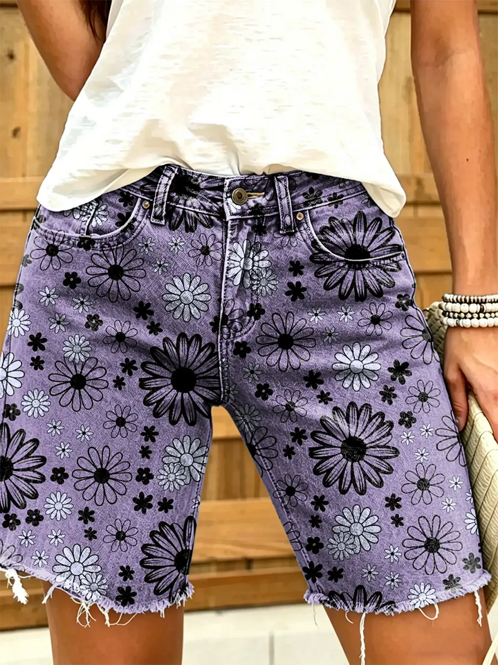 Ethnicity Flowers Geometry Women's Art Print Casual Denim Shorts