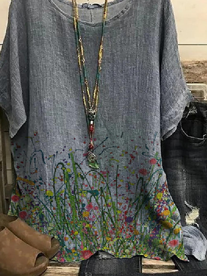 Comfysol Crew Neck Casual Floral Print Short Sleeve Blouse