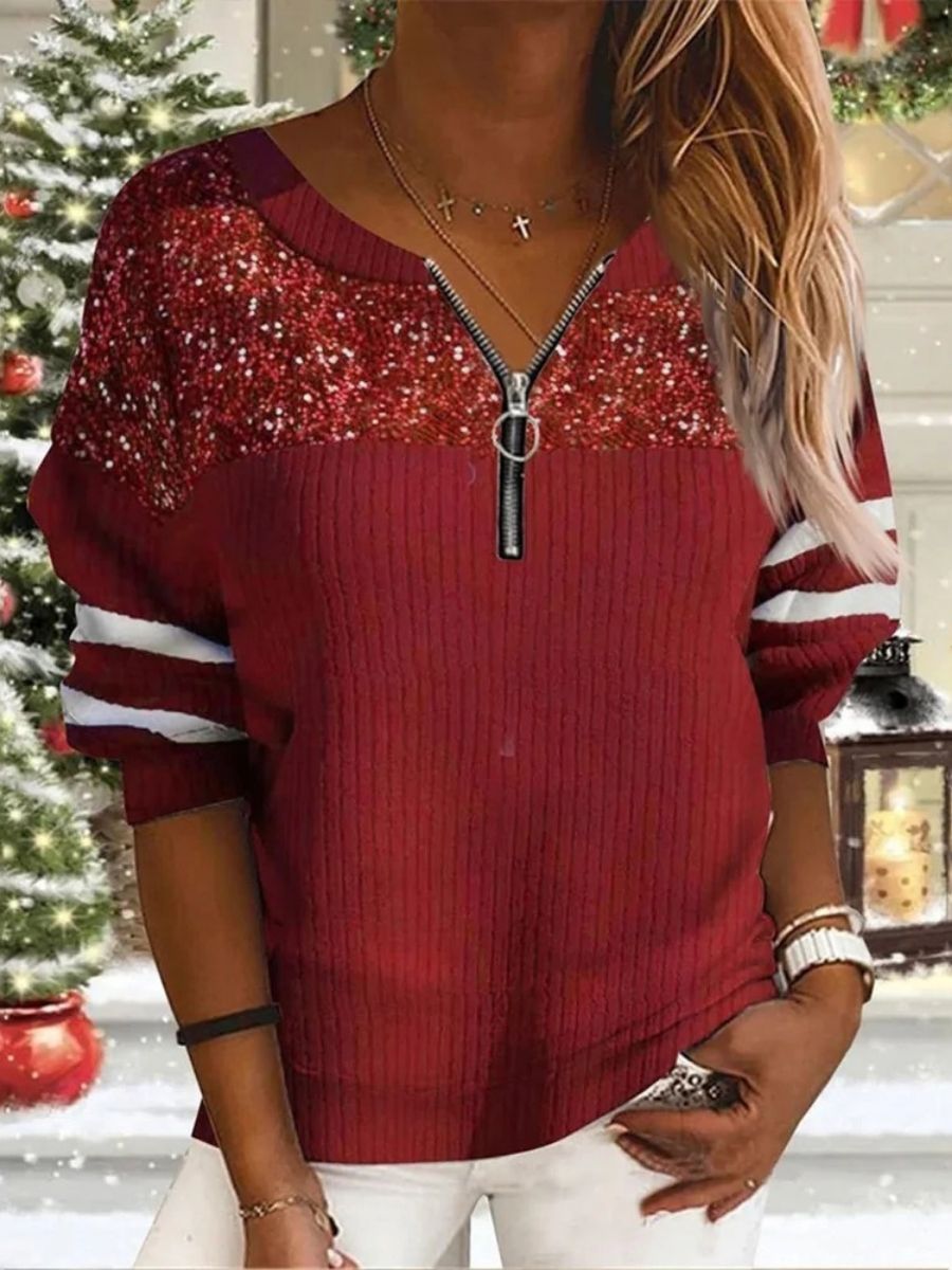 Comfysol Red Casual V Neck Splicing Half Sleeve Xmas Sweater