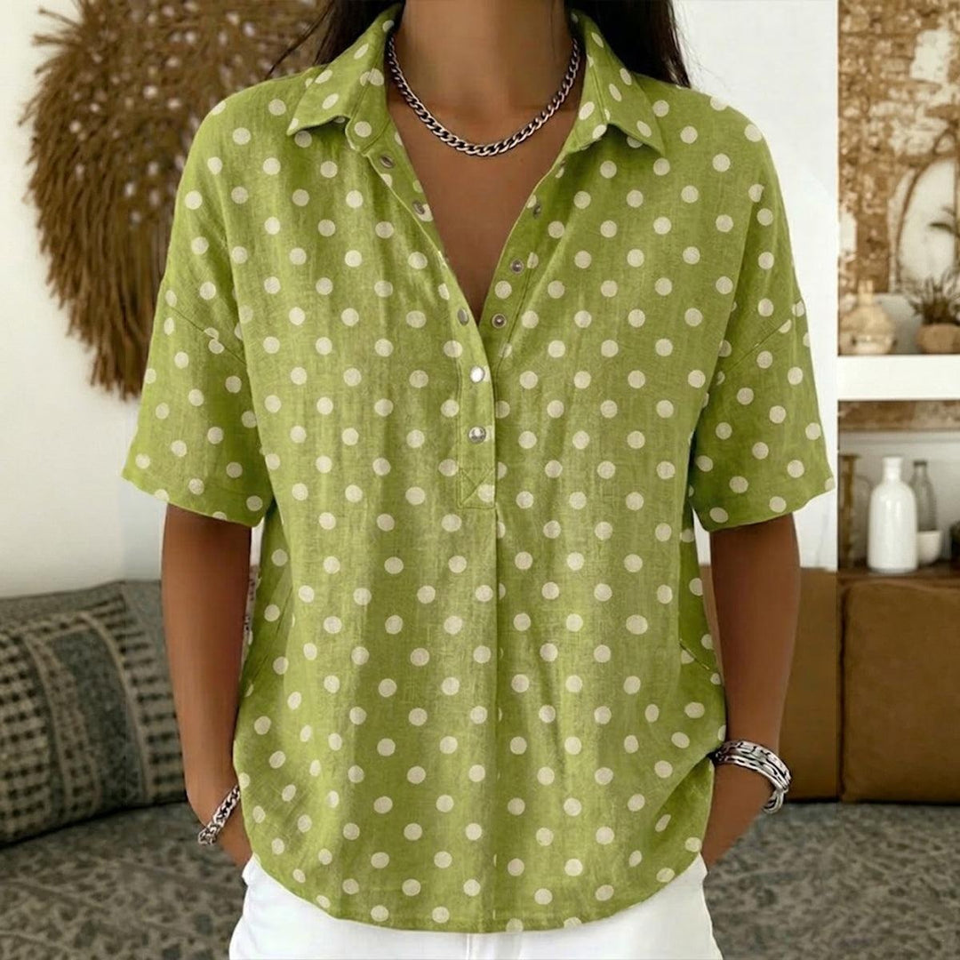 Green White Polka Dot Half Placket Linen Shirt