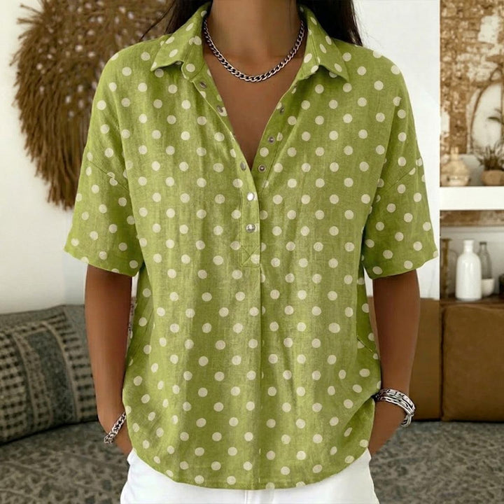 Green White Polka Dot Half Placket Linen Shirt