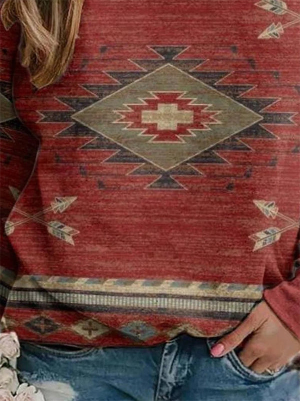 Comfysol Red Casual Round Neck Long Sleeve Geometric Printed Sweatshirts