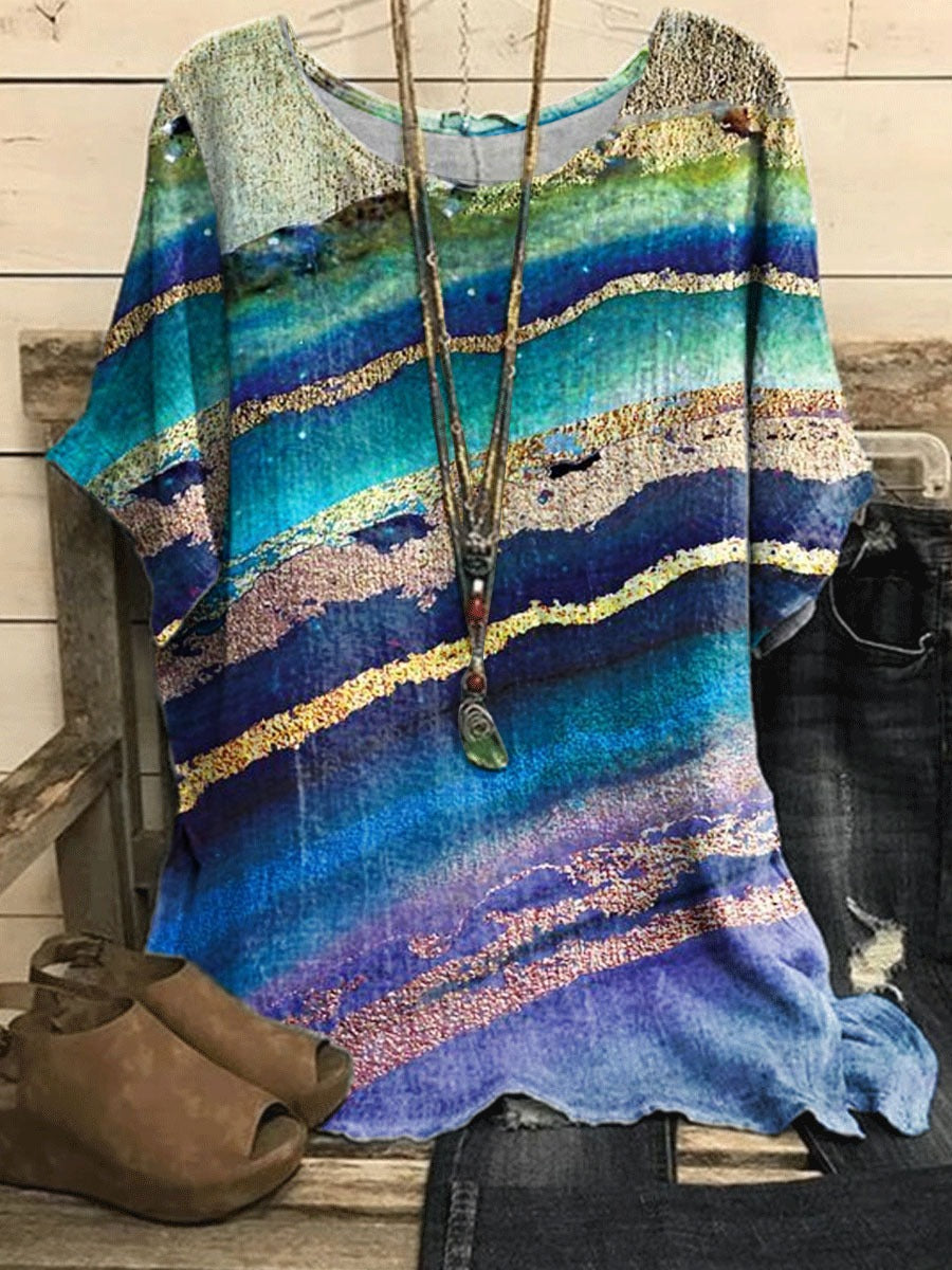 Comfysol Blue Casual Round Neck Stripe Printed Short Sleeve Blouse