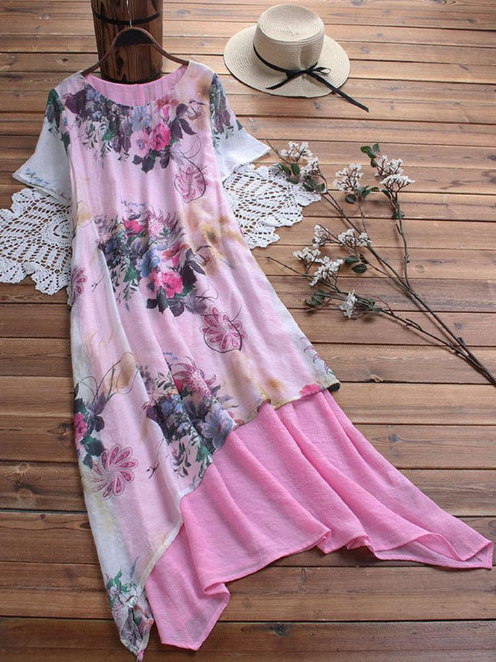 Comfysol Casual Short Sleeve Round Neck Floral Printed Vintage Maxi Dress