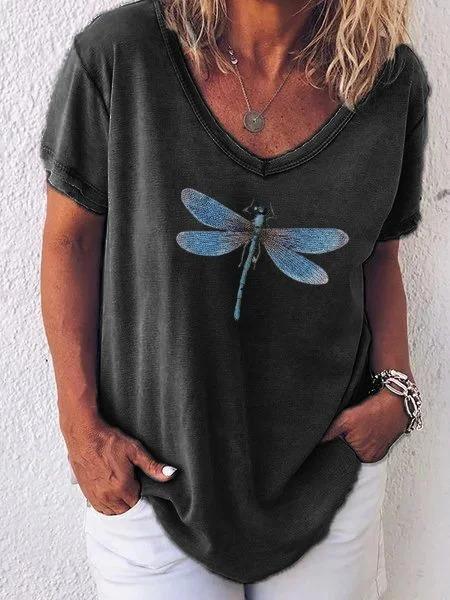 Comfysol Dragonfly Printed Casual V-neck Short Sleeve T-shirt
