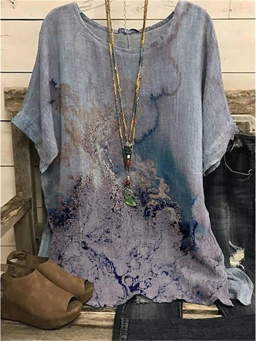Comfysol Green Casual Graphic Tops Round Neck Printed Short Sleeve Blouse