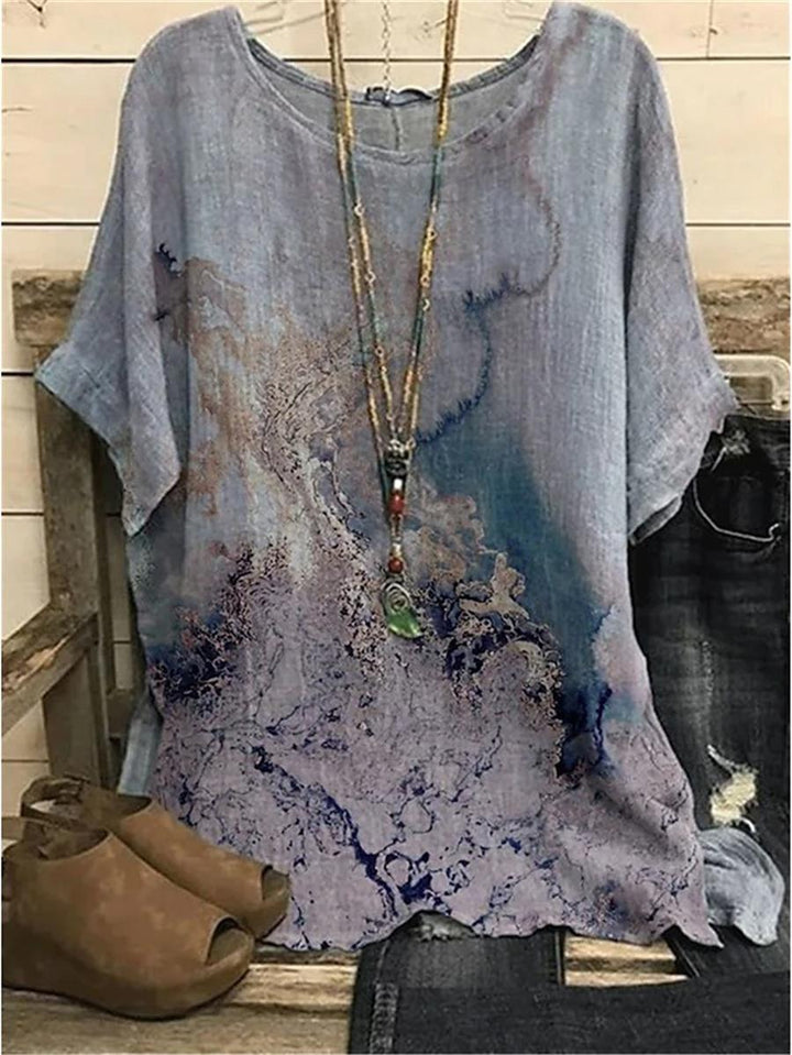 Comfysol Green Casual Graphic Tops Round Neck Printed Short Sleeve Blouse
