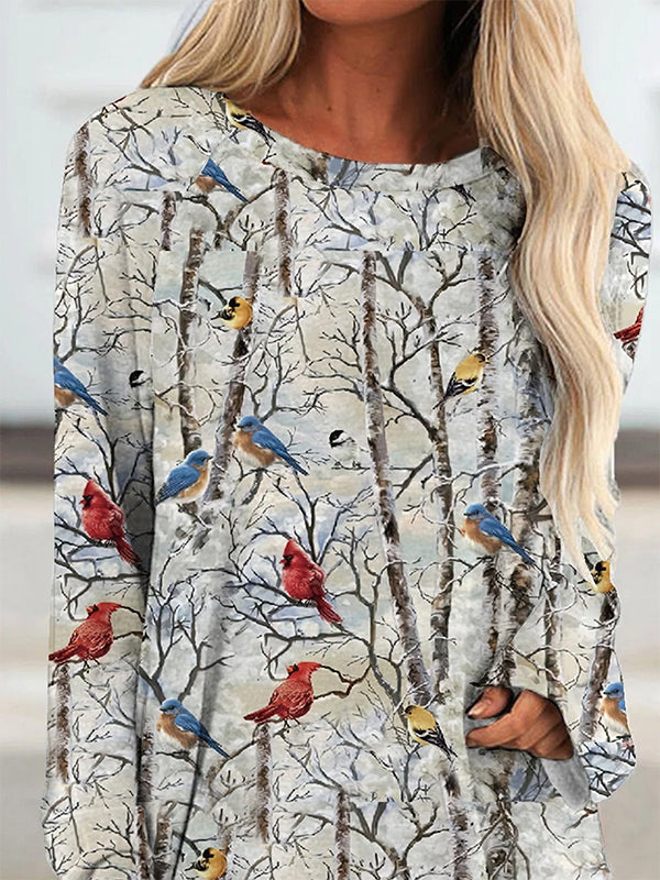 Comfysol Multi Casual Graphic Tops Round Neck Long Sleeve Bird Printed Sweatshirts