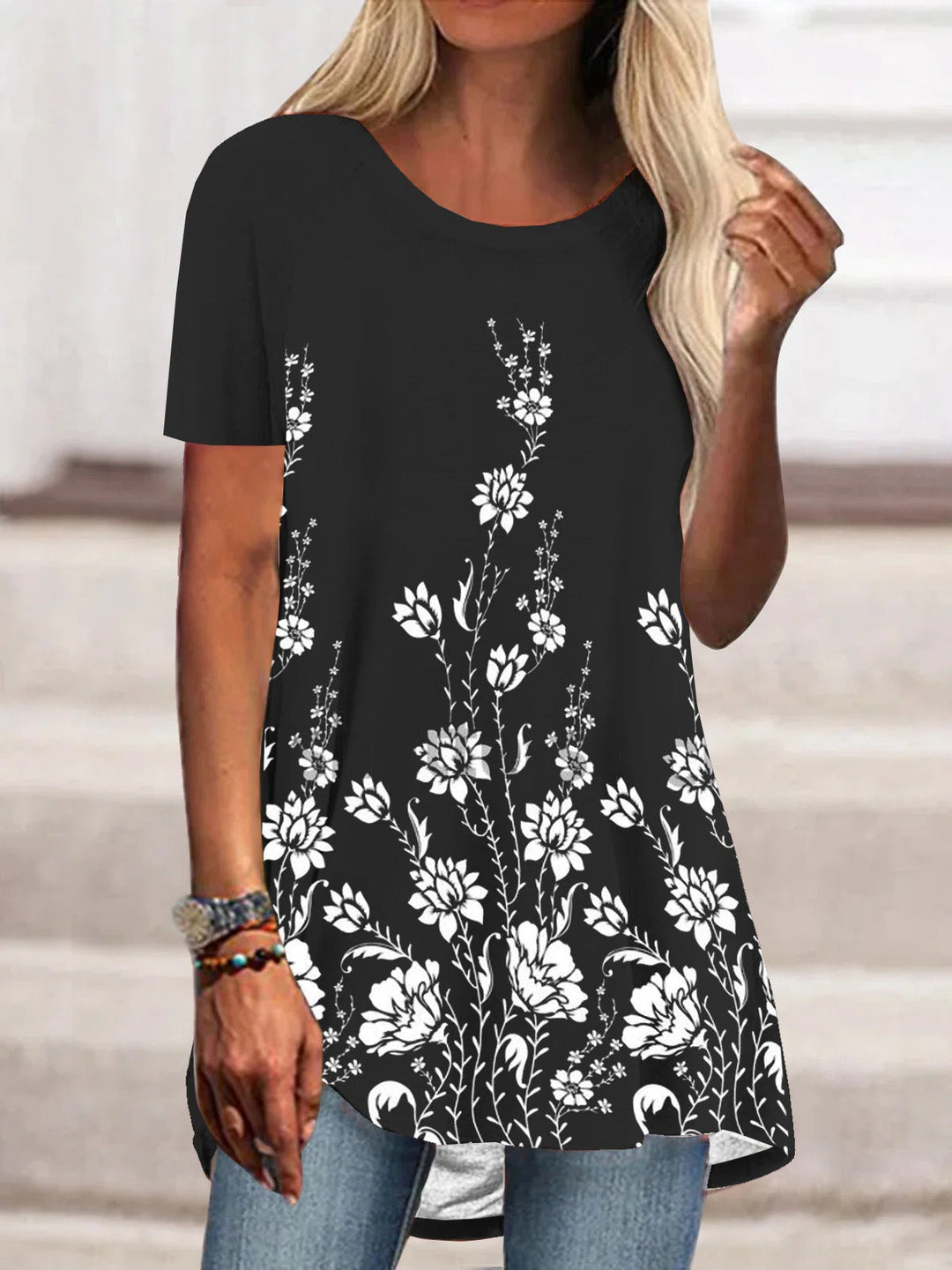 Comfysol Black Casual Round Neck Printed Short Sleeve Blouse