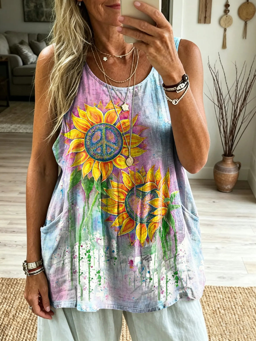 Women's Sunflower Peace Sign Art Print Sleeveless Pocket Tank Top