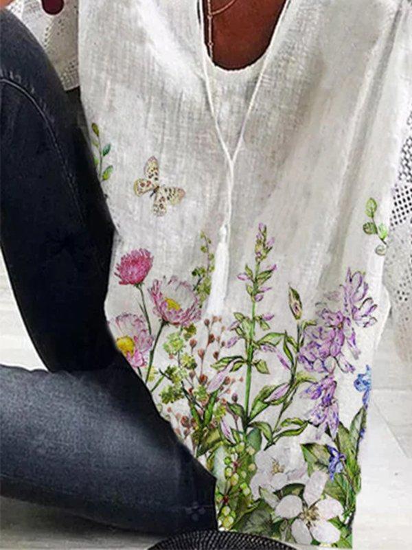 Comfysol Floral Print Casual V Neck 3/4 Sleeve Blouse