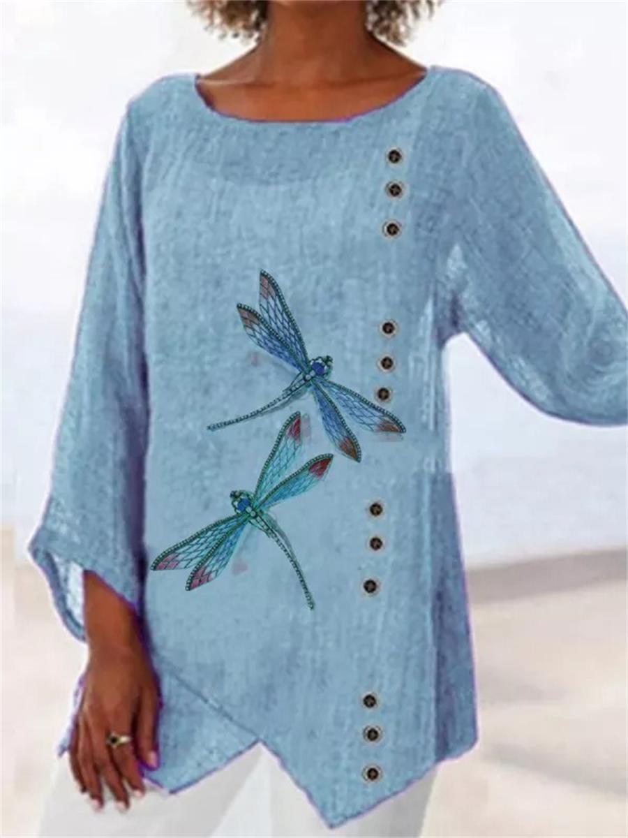 Comfysol Blue Casual Graphic Tops Round Neck Dragonfly Printed Long Sleeve Blouse