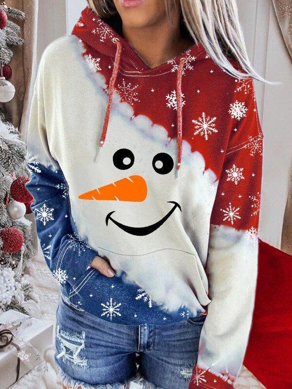 Comfysol Women's Snowman Contrast Color Long Sleeve Tie-Dye Hoodie