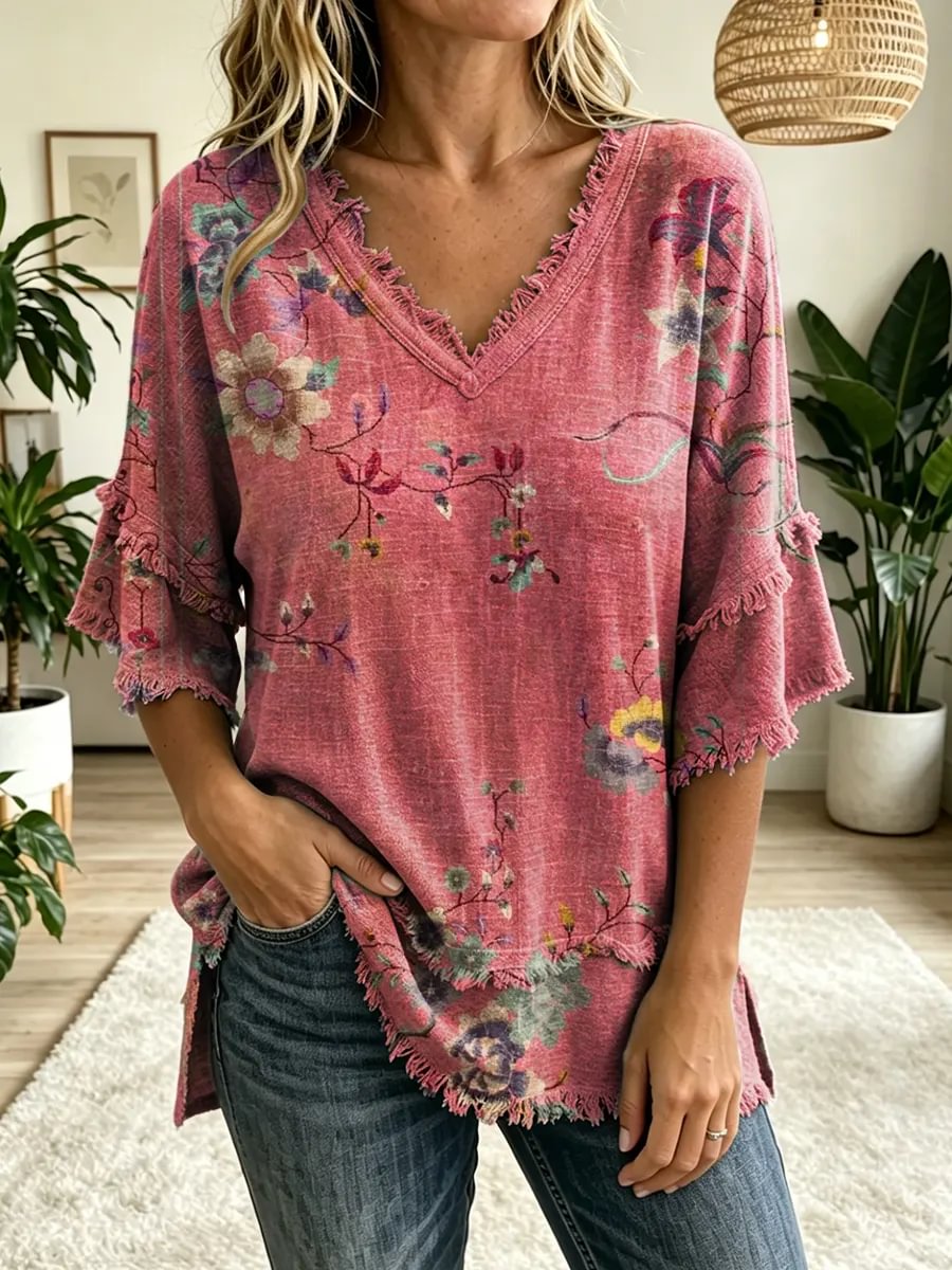 Women's Floral Art Print V-Neck Tassels Cotton Top