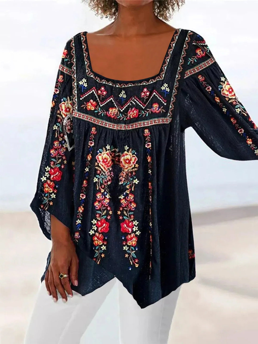 Comfysol Black Casual Square Neck Floral Printed Long Sleeve Blouse