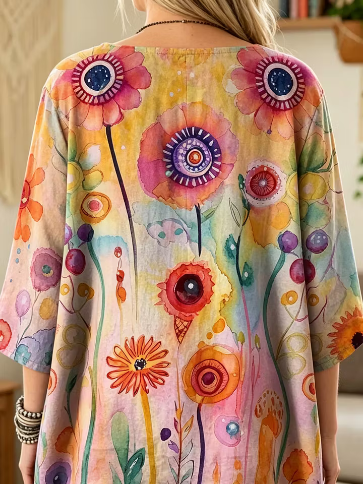 Ethnicity Watercolor Flowers Geometry Women's Art Print Casual 3/4 Sleeve Cotton Top
